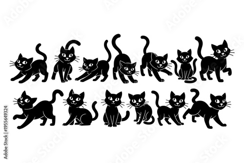 A collection of cute cartoon black cats in various playful poses, isolated on a white background, perfect for Halloween or pet-themed designs.