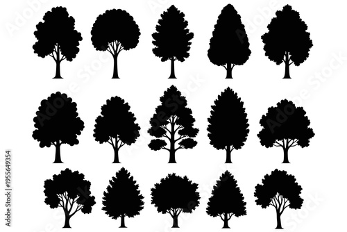Collection of various tree silhouettes.