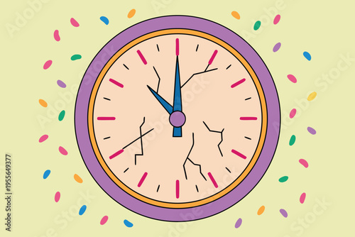 Cracked clock face with confetti on yellow background