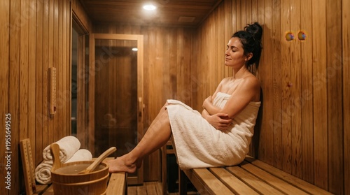 Relaxed woman enjoying a peaceful sauna session for detoxification and wellness, embracing warmth and self-care in a tranquil wooden spa environment.