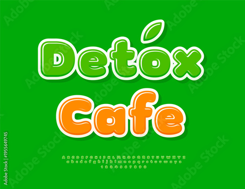 Vector Healthy logo Detox Cafe, Glossy Green Font. Bold Rounded Alphabet Letters and Numbers set.