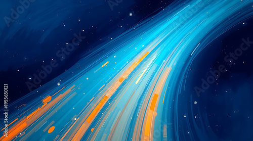 Abstract blue and orange light trails on dark background representing data flow and speed