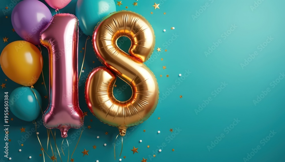 Naklejka premium Bright celebration banner features large pink and gold balloons forming the number 18. Colorful balloons and confetti on teal background, copy space for text.