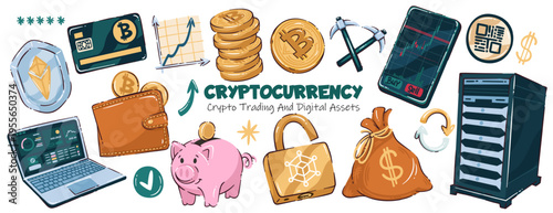 Cryptocurrency digital finance set with bitcoin coin, wallet, smartphone chart, server, mining, QR code and shield. Trading design with cryptocurrency digital finance set, vector illustration