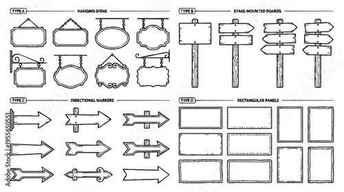 Collection of various empty shopfront and trail signs with arrows and labels
