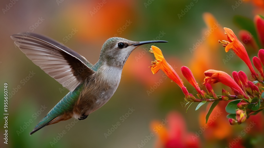 Fototapeta premium A graceful hummingbird with muted green and white feathers prepares to feed from vibrant orange flower buds.