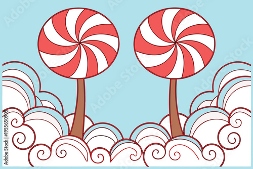 Colorful of two peppermint candies on clouds candy sweets