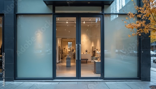 Modern storefront glass doors lead into art gallery boutique with displays. Frosted panels flank entrance, offering privacy revealing glimpses of merchandise inside. Exterior scene shows street, cars