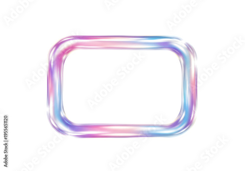 Rounded rectangular neon glass frame with iridescent holographic texture on transparent background
