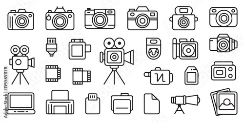 Photography and Videography Equipment Outline Icon Set Including Cameras Tripods and Accessories