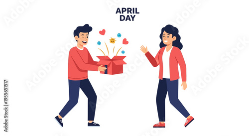 Cartoon illustration of a man surprising a woman with a prank gift box on April Fools' Day with colorful balloons and confetti, conveying a humorous and playful mood