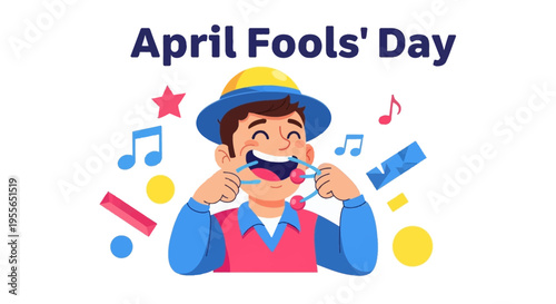 A cartoon man in a colorful outfit laughs while pulling a prank on April Fools' Day with musical notes and symbols around him