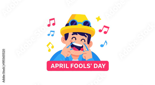 Cartoon character in a yellow hat playfully celebrates April Fools' Day with colorful music notes and a cheerful expression on a white background