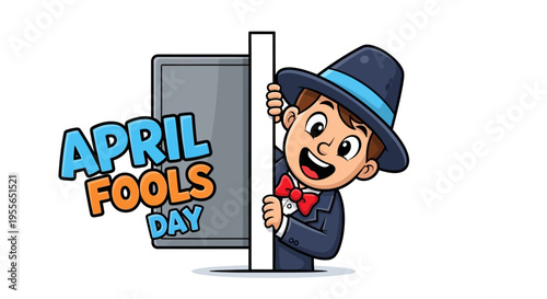 Cartoon man in a suit and hat peeking from behind a sign that reads April Fools Day with a colorful and humorous illustration design