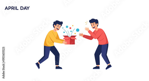 Two cartoon men playfully exchanging a red gift box with colorful balloons on April Fools' Day with a joyful and humorous mood