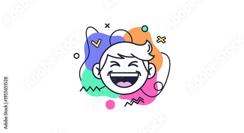 A cheerful cartoon character with a wide smile surrounded by colorful shapes and decorations on April Fools' Day