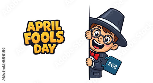Cartoon character in a pilgrim hat peeking from behind a pole with a surprised expression on April Fools' Day