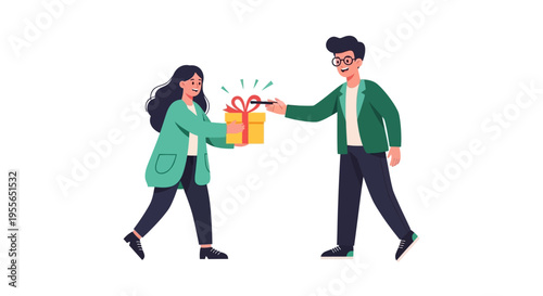 A cartoon illustration of a man and woman exchanging a wrapped gift with a surprised expression on April Fools' Day in a colorful and humorous design
