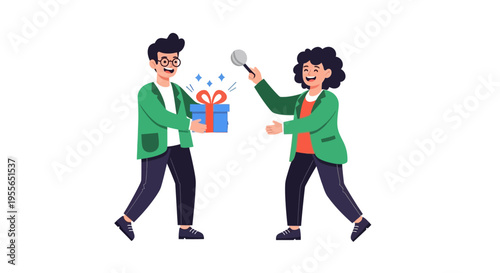 Vector illustration of two people in green jackets playing a prank on each other with a gift and mallet on April Fools' Day with colorful decorations and a joyful mood