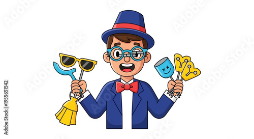 Cartoon illustration of a man in a blue suit and hat holding prank items on April Fools' Day with a funny and colorful design