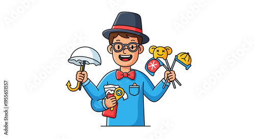 Cartoon illustration of a cheerful man in a blue suit and hat holding a variety of colorful prank items on April Fools' Day with a joyful and humorous mood