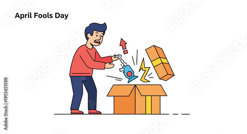 A man in a red shirt pulls a prank on April Fools' Day with a colorful surprise box and balloon