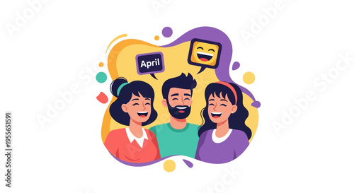 Colorful illustration of three happy people celebrating April Fools' Day with a prank and balloons in a playful design