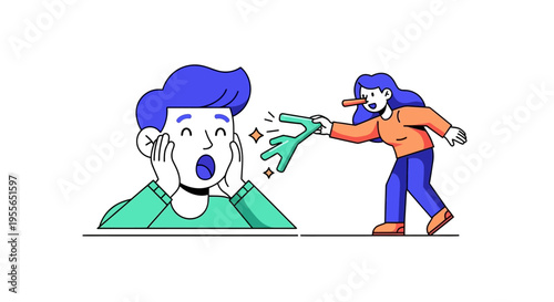 A cartoon illustration of a shocked person reacting to a prank with a surprised expression as another person holds a green-gloved hand near their face on April Fools' Day with a colorful