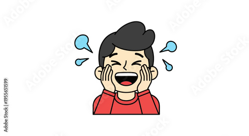 A cartoon character with dark hair and a red shirt laughs with hands on face, surrounded by blue speech bubbles on a white background, conveying a joyful and humorous mood