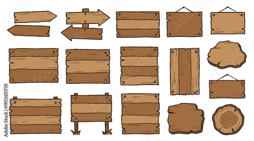 Rustic wooden placard pack with blank directional signs and boards on white background for design