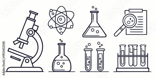Black line of science and laboratory equipment line black microscope atom