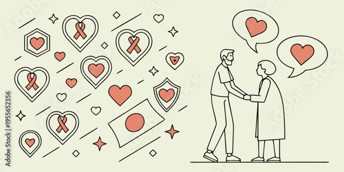 Elderly couple with hearts and symbols of love and care