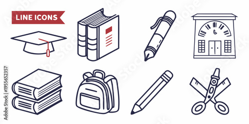 Education line with school supplies line graduation cap books backpack