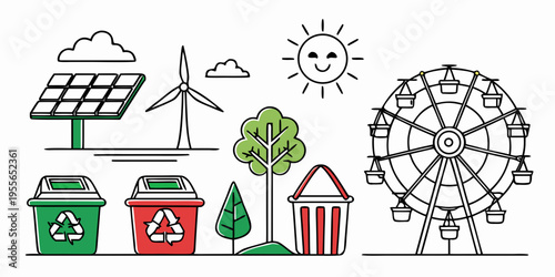 Eco friendly amusement park with recycling bins and solar panel wind turbine