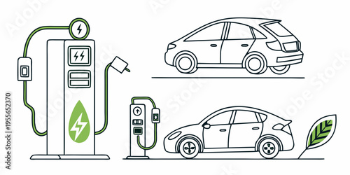 Electric vehicle charging station with cars green eco-friendly
