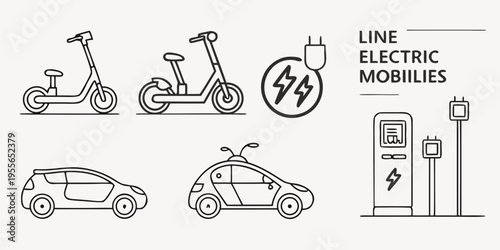 Electric vehicles and scooters line on white line white background transportation