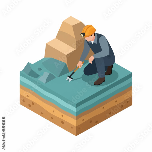 Geologist examining rock layers with tools.