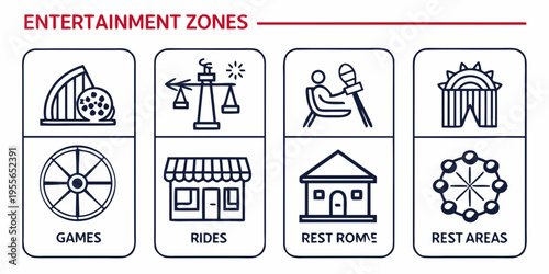 Entertainment zone for amusement park entertainment zones games rides restrooms