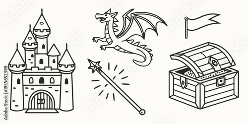 Fantasy with castle and dragon fantasy castle treasure chest magic wand flag
