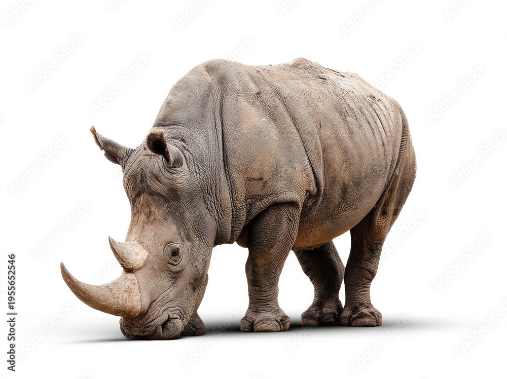 Fototapeta premium Rhinoceros with head down on pure white background