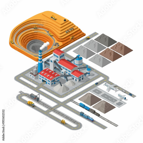Industrial Mining Operations and Processing Plant Illustration.