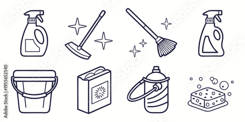 Line of cleaning supplies and tools spray bottle broom