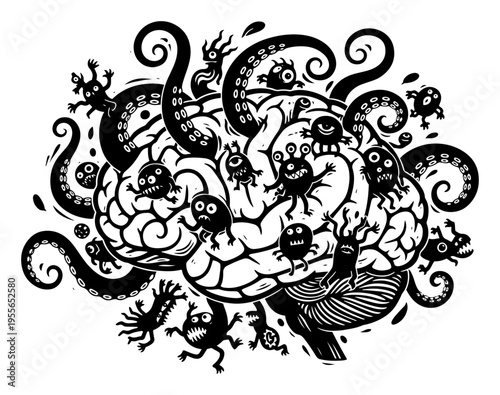 Human brain infested with tiny monsters and tentacles in cartoon doodle style