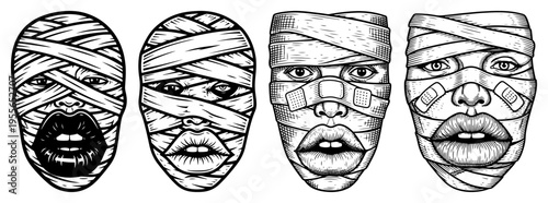 Human faces wrapped in medical bandages and gauze in vintage engraving style
