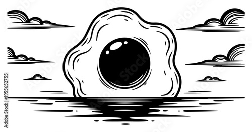 Fried egg rising like the sun over water with clouds in graphic woodcut style