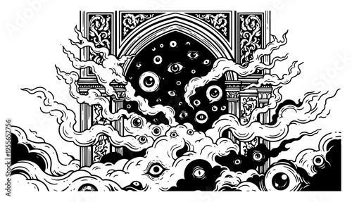 Ornate architectural archway filled with floating eyeballs and mystical smoke in detailed engraving style