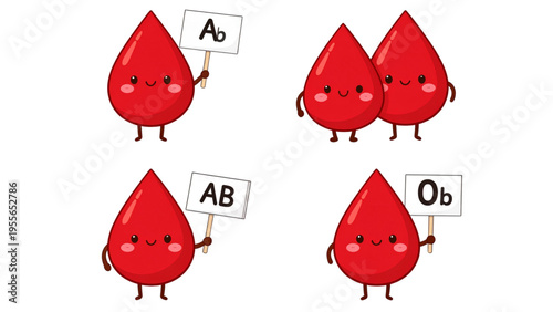 Simple outline illustration of hands holding cartoon blood drops with type signs, healthcare donation awareness minimal vector design