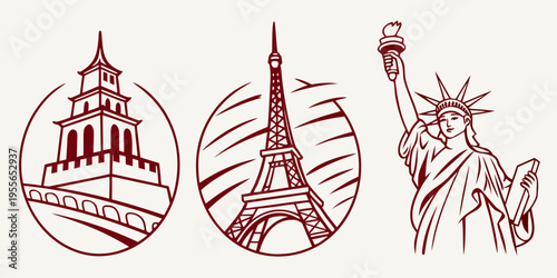 Famous landmarks in red line wall of china eiffel tower statue of liberty line red iconic buildings