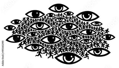 Mass of human eyes and running figures in high contrast graphic style