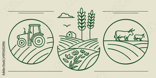 Green farm with tractor cows and wheat fields